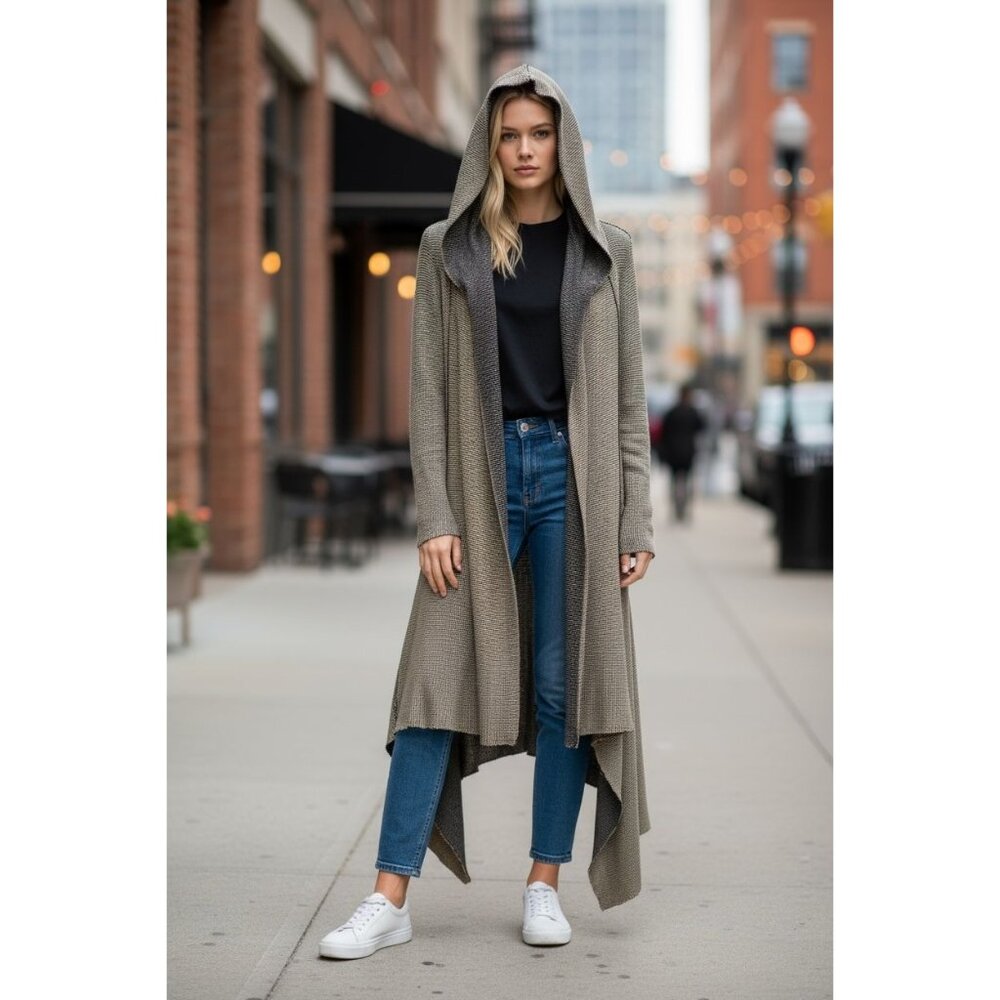 Cut Loose M Green Hooded Cardigan Jacket Drape Front Boho Longline Asymmetrical